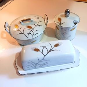 L&M Fine China Gold and Silver Wheat condiment set Butter,Jam pot,Sugar Cube jar